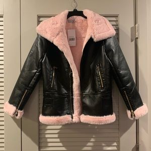 Pink Fur Black Leather Coat
